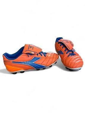 Diadora Forza orange and blue soccer cleats with blue stripes